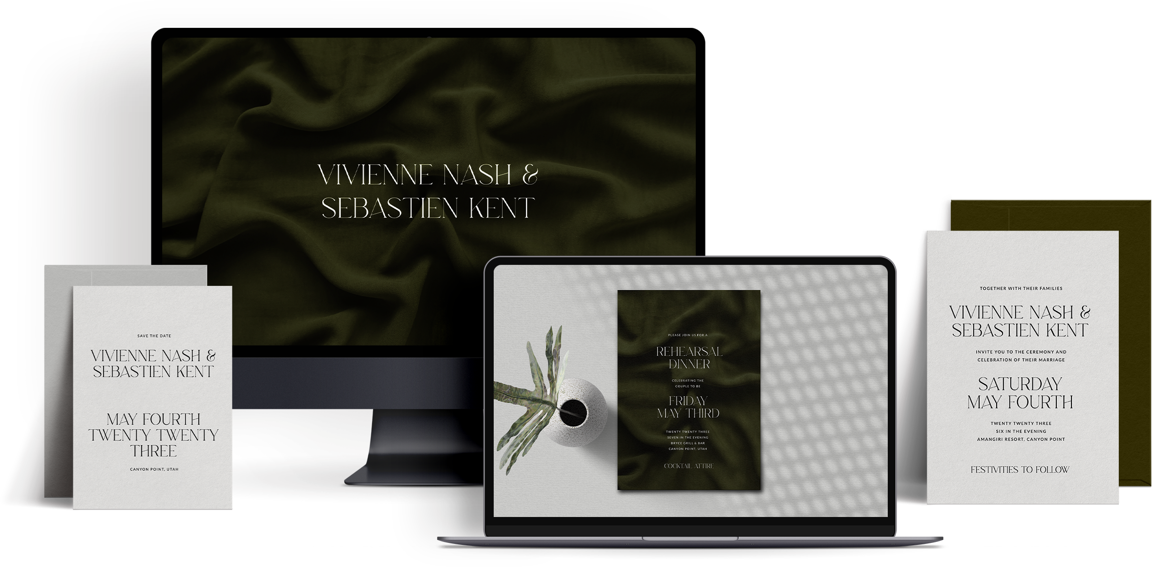 Modern luxury wedding website suite featuring deep olive satin-inspired imagery, refined serif typography, and coordinated rehearsal dinner and invitation designs across a sophisticated wedding website experience.