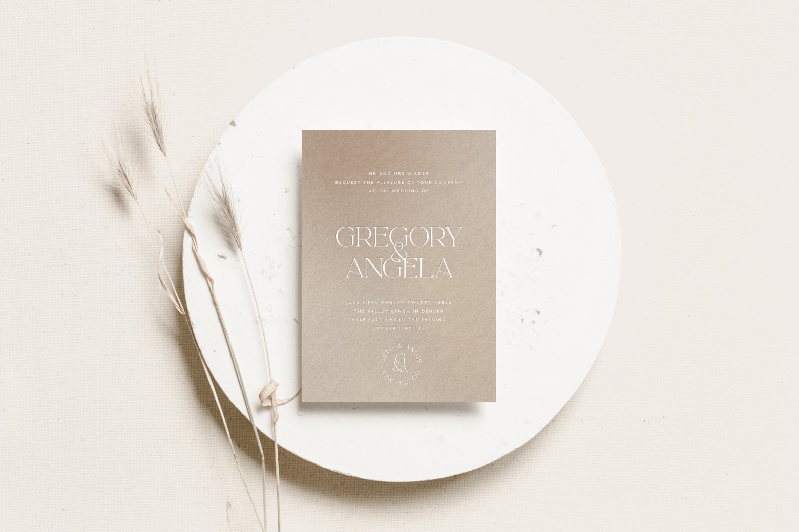 Bliss & Bone printed wedding invitation suite with minimalist typography on neutral-toned card stock